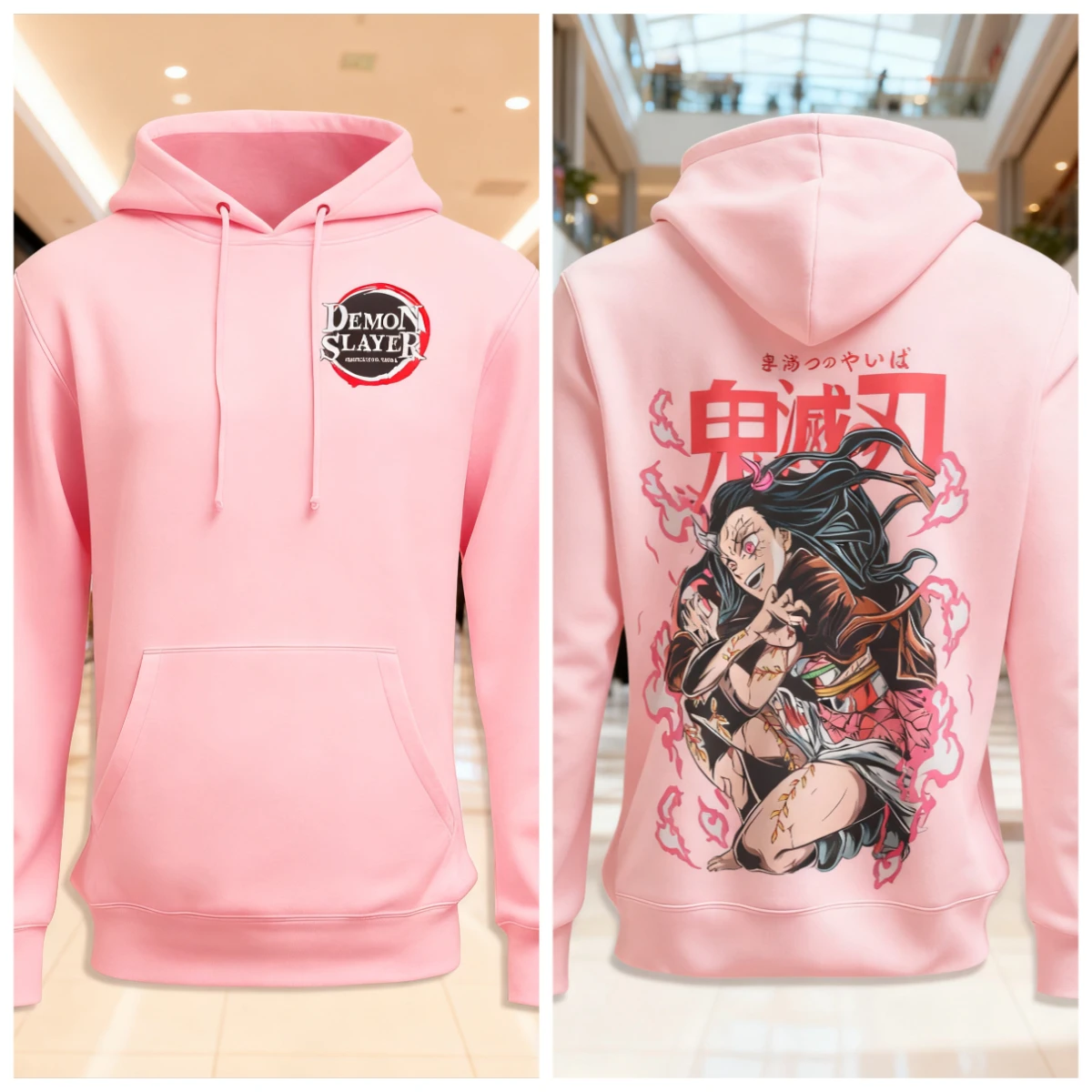 Demon Slayer Anime-Baumwoll-Hoodie, rosa Farbe, Charakterdruck mit langen Haaren, roten Augen, dynamisches Pose-Muster, lässige Streetwear