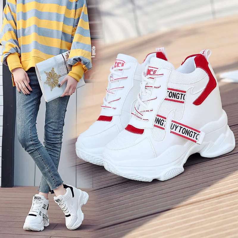 WGZNYN Primavera Autunno 10Cm Super Hihg Scarpe con zeppa Donna Scarpe da ginnastica Scarpe casual femminili Hook Loop Comoda piattaforma Sneaker W05