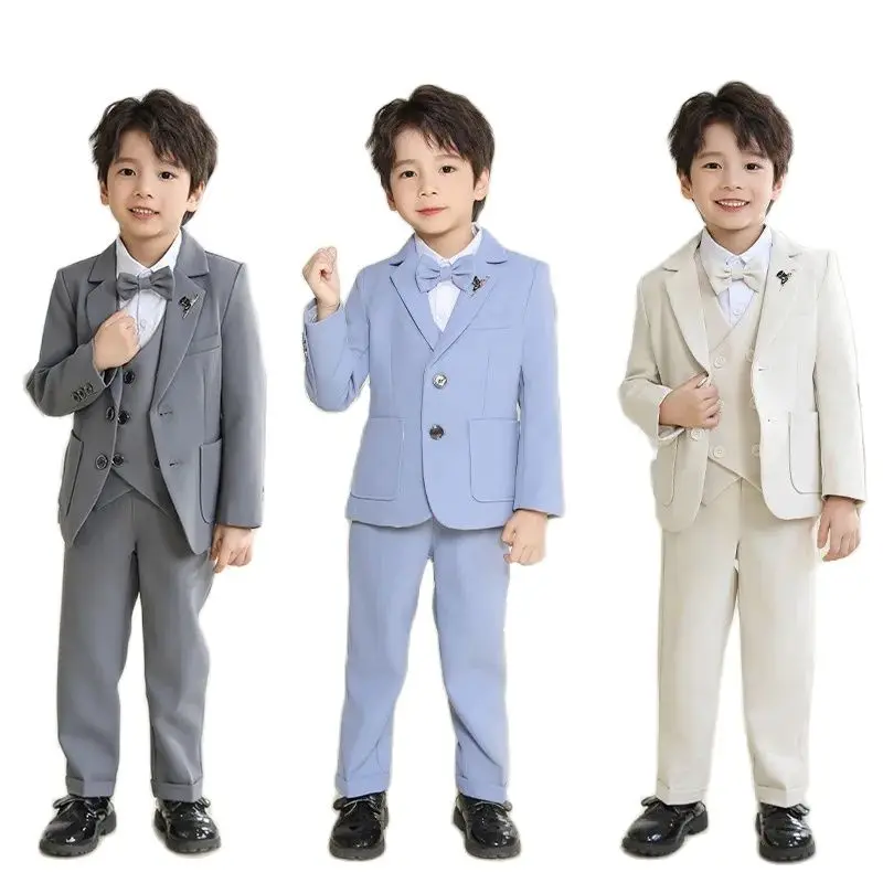 Boys 5 Pieces/Set Jacket Vest Pants Bowtie Brooch Photograph Suit Children Evening Piano Dress Kids Easter Performance Costume