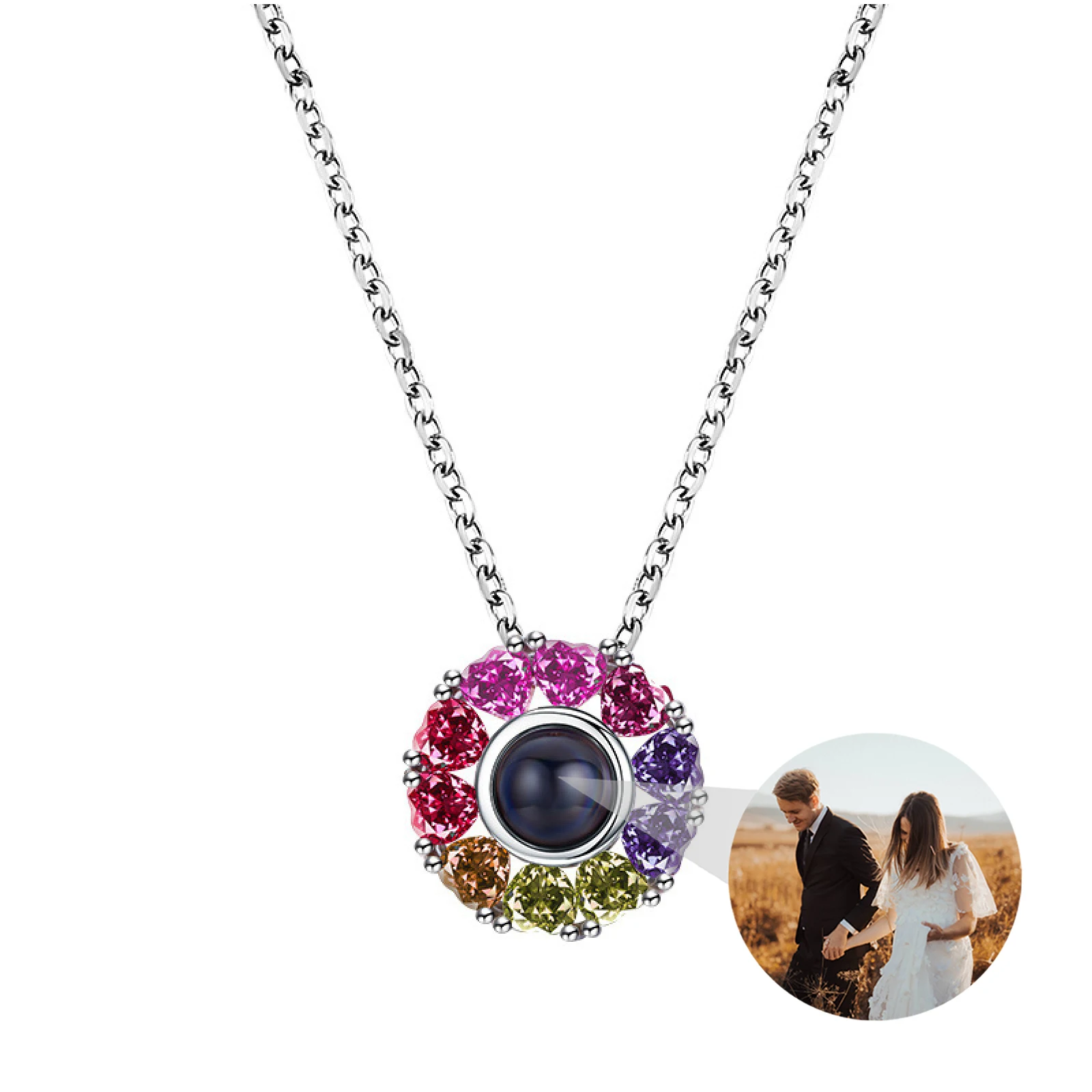 

Colorful Rhinestone Round Pendant Necklaces for Women Elegant Personalized Jewelry Custom Photo Projection Necklace 925 Sliver