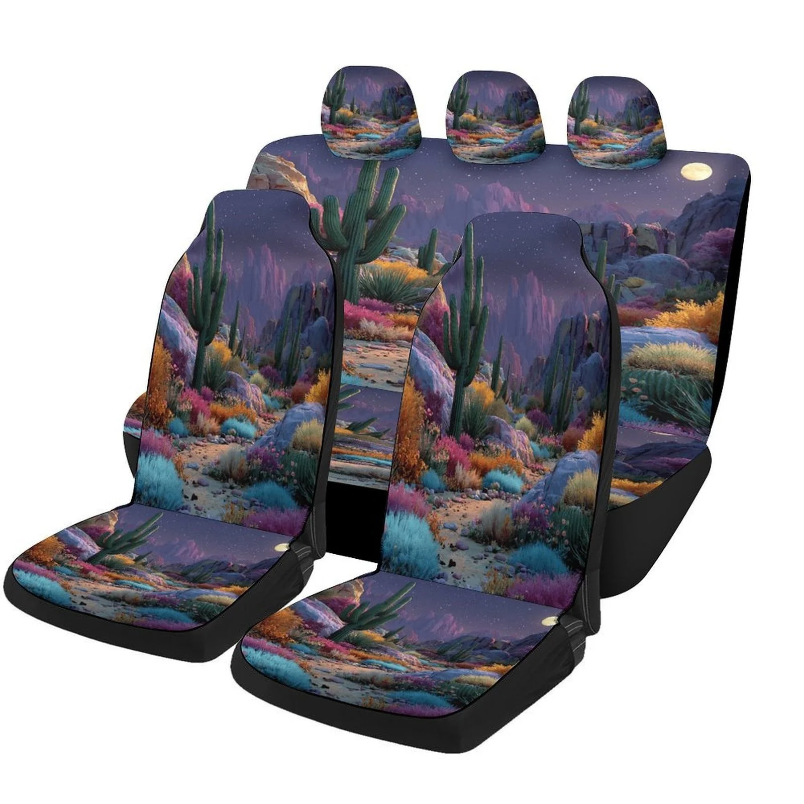 

Desert Bloom Night Car Seat Cover Set - Vibrant Desert Landscape Design, High-Quality Polyester, Full Coverage For 2 Front & Rea