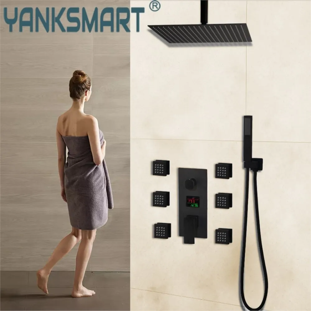 YANKSMART Bathroom Shower Faucet Set 3 Way Matte Black Rainfall Shower Head Digital Temp Display Mixer Water Tap Combo Kit