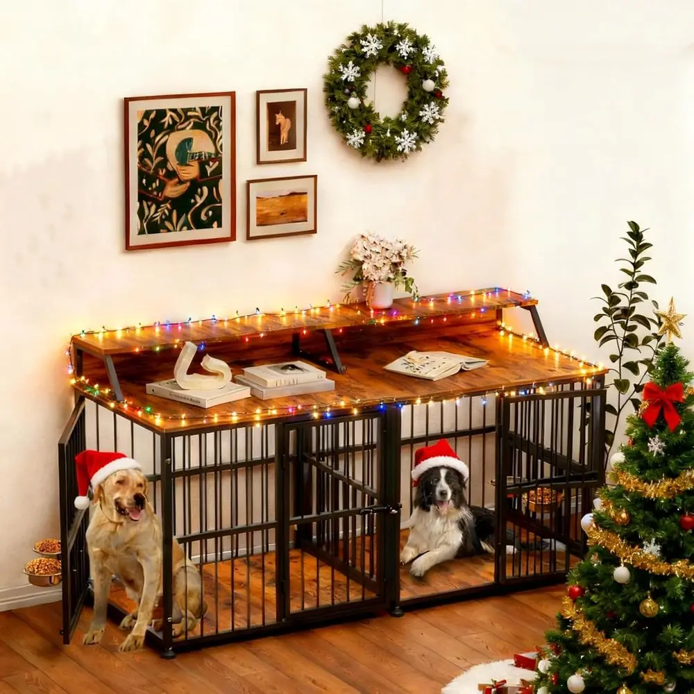 

Extra Large Wooden Double Dog Crate with Storage and Removable Divider for 72 Inch Large Breeds