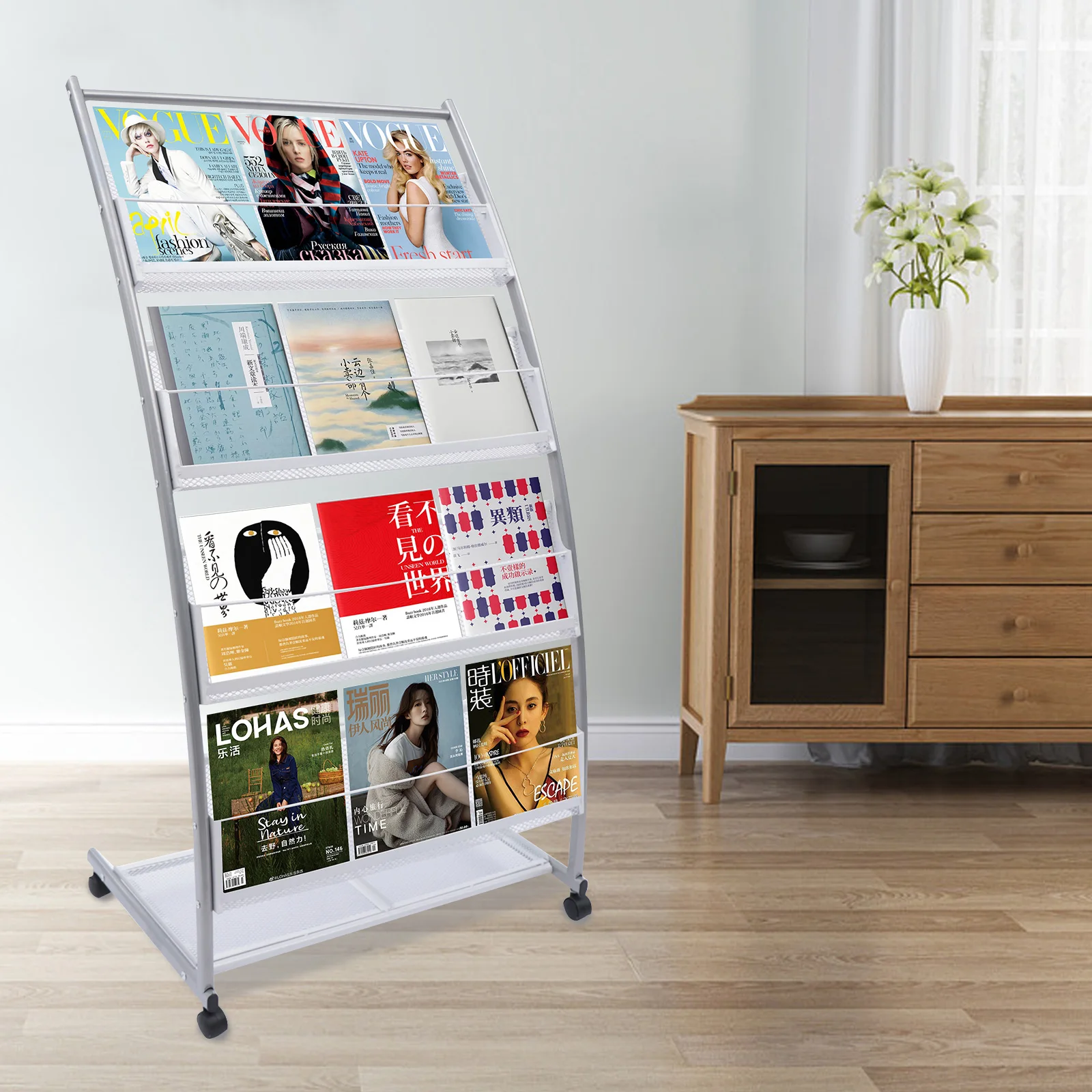 

4-tier Magazine Floor Standing Brochure Display Rack Portable Magazine Holder for Office Exhibition Library W/Universal Wheels