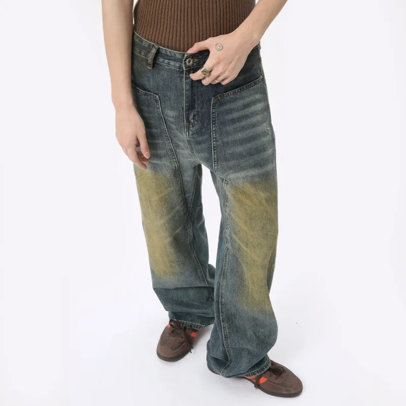 IEFB Autumn High Street Men\'s Denim Pants Tie-dyed Loose Vintage Worn-out Jeans Straight Wide Leg Trousers New Trend 2024 9C6300