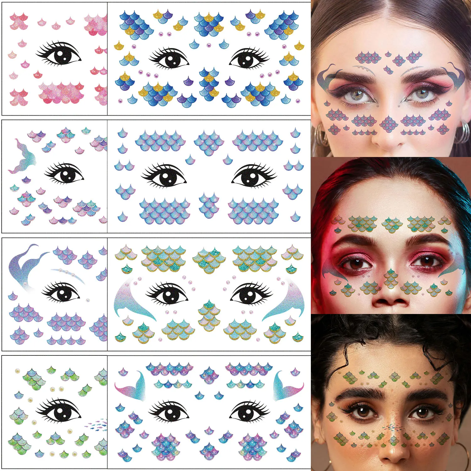 8Sheets Mermaid Scales Face Glitter Temporary Tattoo Stickers Sparkly Colored Eye Forehead Art Makeup Fake Scales Design