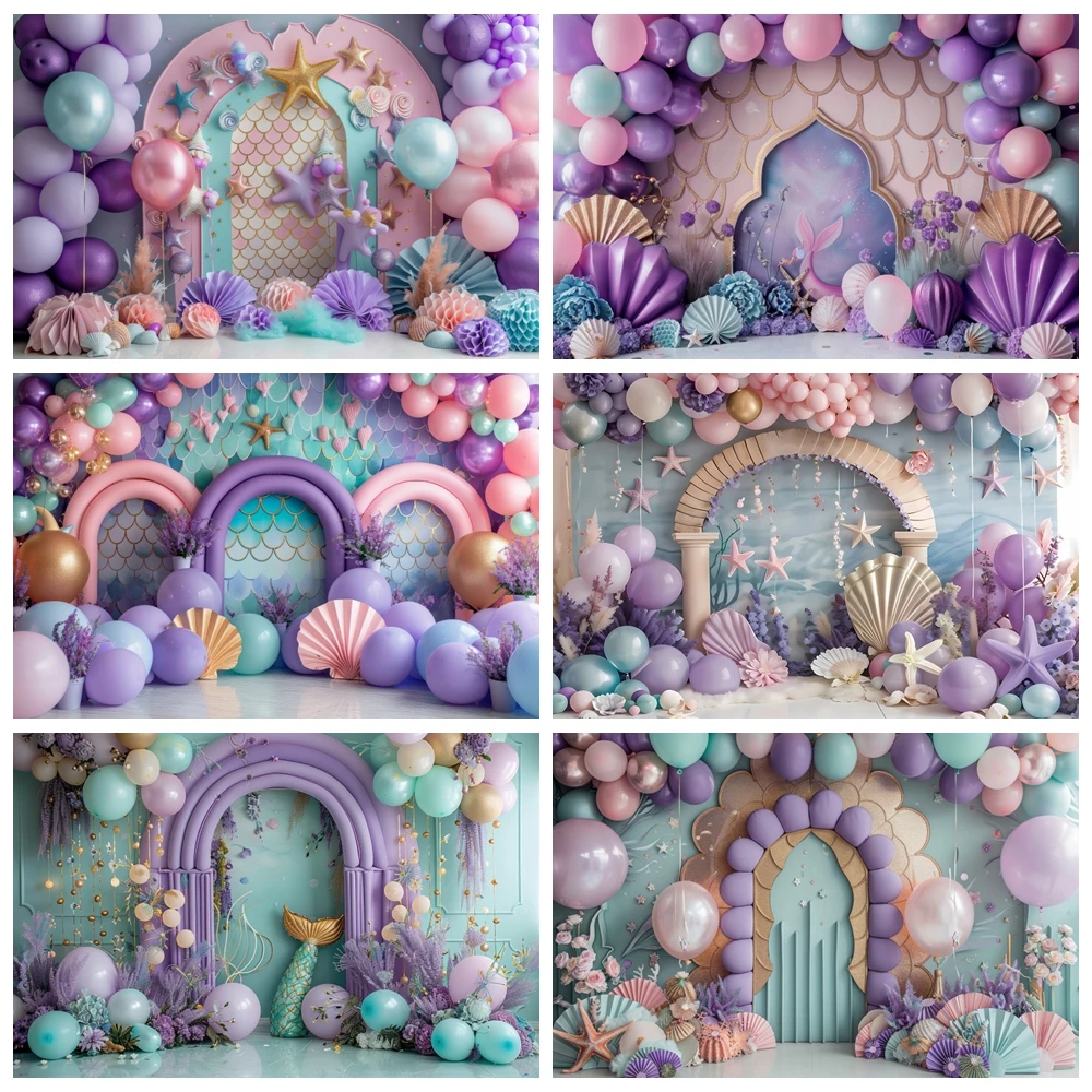 Mermaid Theme Backdrop Girl Princess Birthday Underwater World Coral Seashell Baby Shower Cake Smash Photography Background Deco