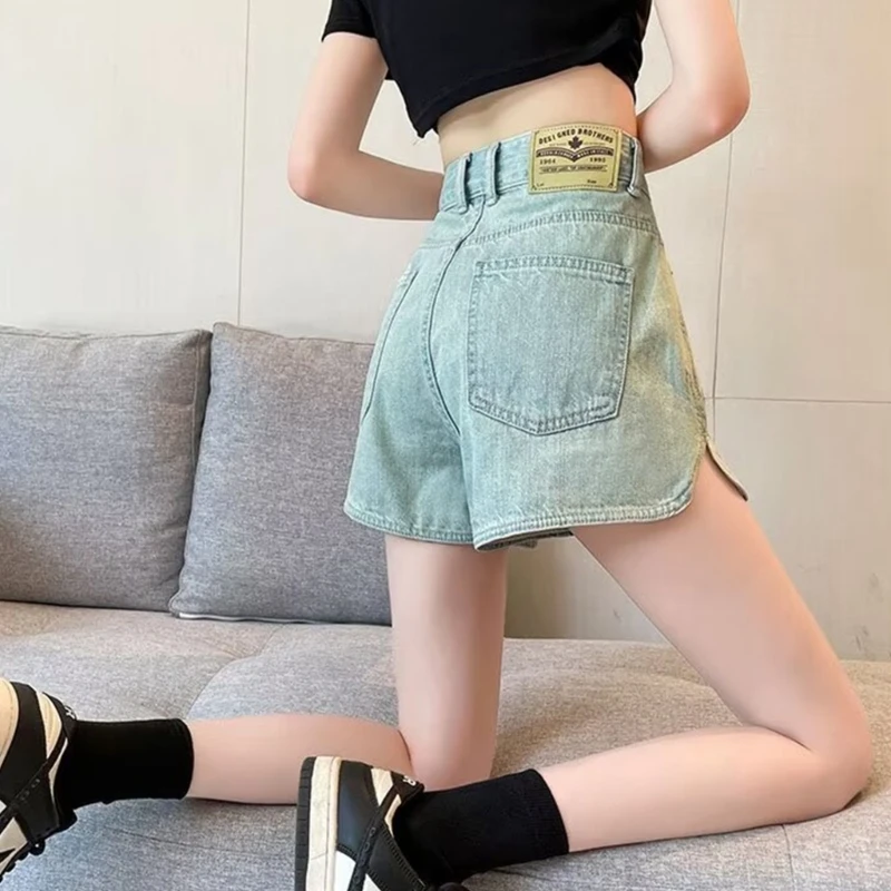 Cổ Điển Cao Tầng Quần Short Jean Có Túi Cho Nữ Ống Rộng Bên Chia Xòe MỘT Đường Rời Xanh Quần Ngắn 066C