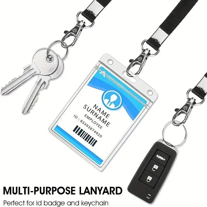 ID card case PU leather ID card holder with 1 transparent ID window, detachable neck strap and extendable carabiner keychain