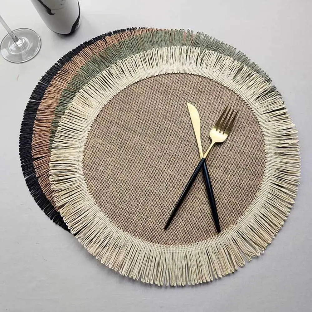 1Pcs Jute Linen Placemat Simple Fringe Round Shape Table Mat Heat Insulation Non-slip Coaster Mat