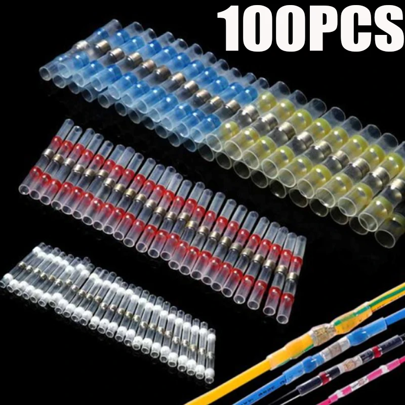 100pcs Waterproof Solder Seal Heat Shrink Butt Stress-free Wire Connectors Terminals Electrical Copper with Soldering Sleeve