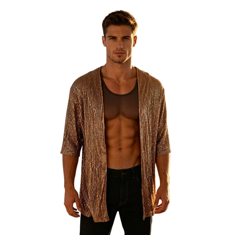 Herren-Pailletten-Kimono-Cardigan, kurzärmelig, vorne offen, locker sitzende Strand-Party-Festival-Rave-Oberbekleidung, Herren-Poloshirts, Kleidung – Detail 4