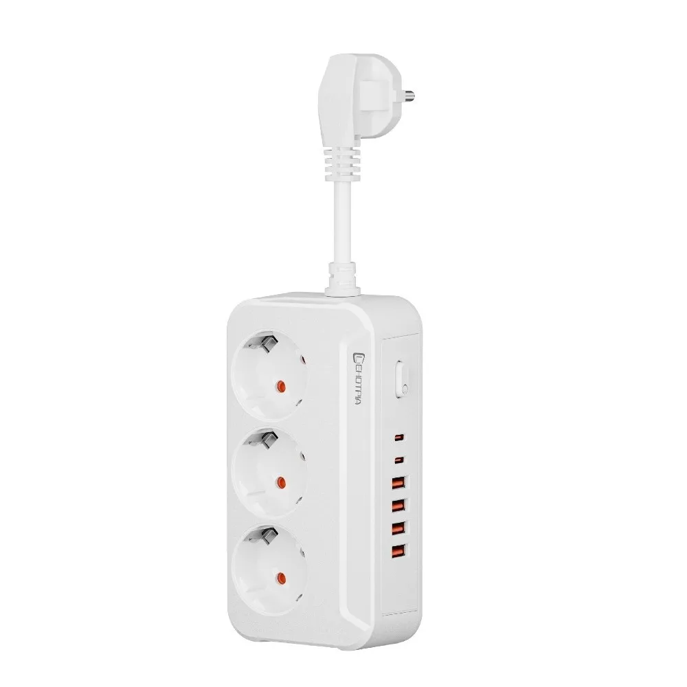 European Standard 2500W EU Plug Outlet 9 Plugs Type-C Ports Wall Power Universal Wall Mounted Power Strip Home Offices