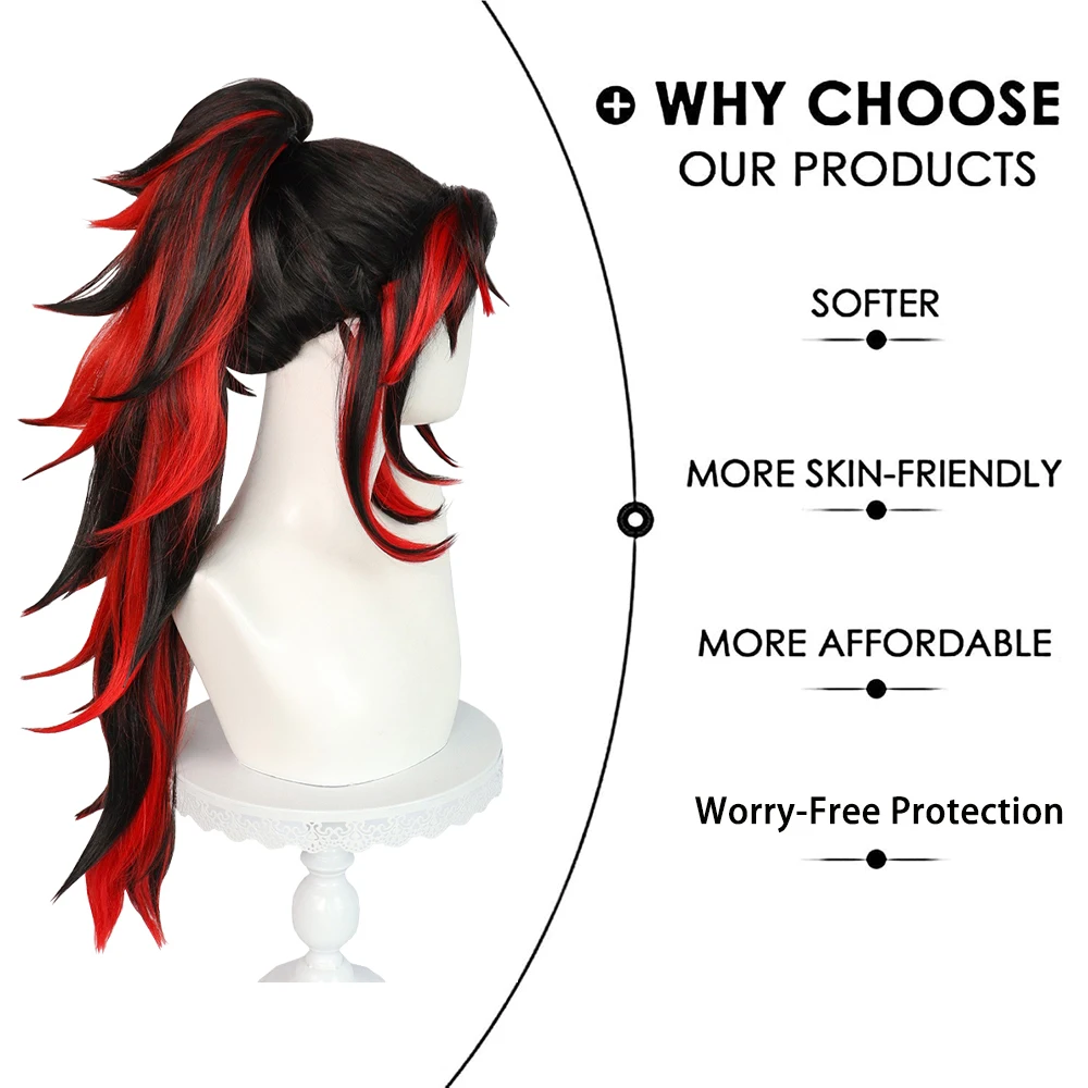 أنيمي شيطان Yoriichi Tsugikuni تأثيري الشعر الاصطناعية 30 بوصة أسود أحمر التدرج انفصال ذيل حصان مناسبة اليومية شعر مستعار للحفلات #5