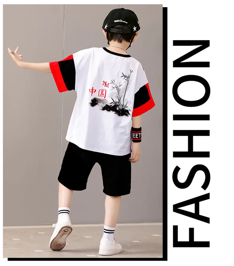 2026 new summer boys set Clothes teenager Chinese ink painting print sleeve t-shirt + thin shorts pant 4 5 6 8 10 11 12 year