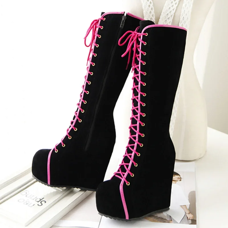 Fashion Knee High Boots Women Platform Sexy Wedge Heels Women\'s High Boots Lace-up Round Toe Black Dance Shoes For Girls