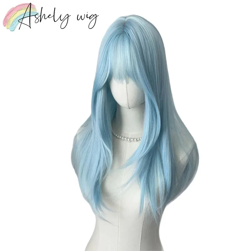 Peluca de pelo liso medio de 22 pulgadas con flequillo, diadema de aspecto natural Lolita, peluca de fibras sintéticas resistentes al calor