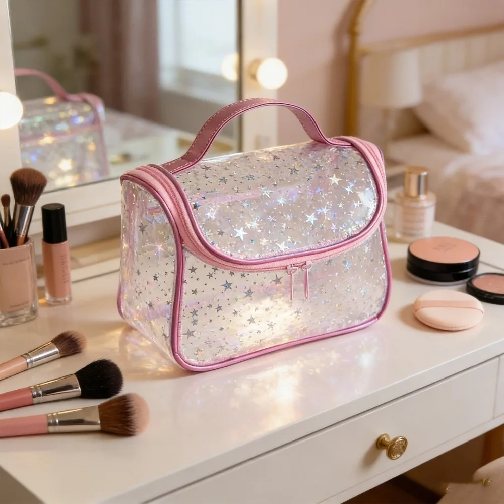 Transparent Star Cosmetic Bag PVC Waterproof PVC Toiletry Bag Large Capacity Reinforced Handle Travel Cosmetic Bag For Travel