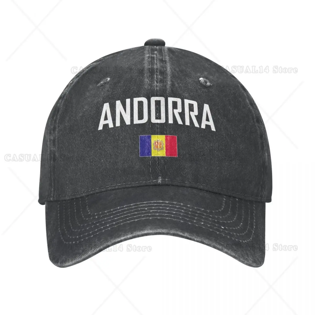 

Men Baseball Cap Andorra Flag and Font Charcoal Washed Denim Classic Vintage Cotton Dad Trucker Hat Unisex Adult