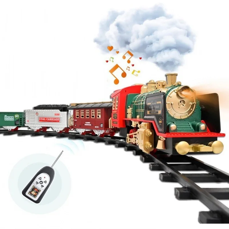 Juego de tren eléctrico de juguete, modelo de tren de vapor Retro, humo realista, sonidos y luces, con tren de riel remoto