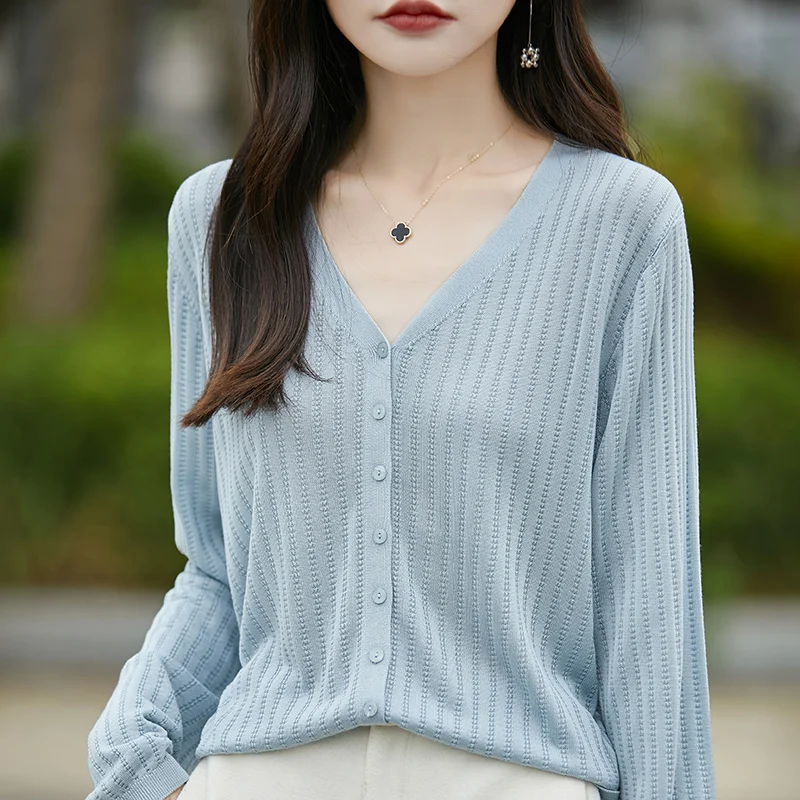 Women Knitted Sweater V-neck Stripe Cardigan Spring Autumn Loose Knitted Tops New Bottoming Outerwear Long Sleeve Clothing