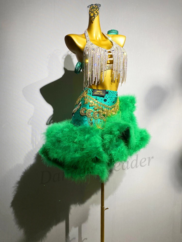 

Latin Dance Adult And Children'S Dress AB Stone High-End Custom Ostrich Fur Skirt, Set Precisely Tango Women'S Clothing