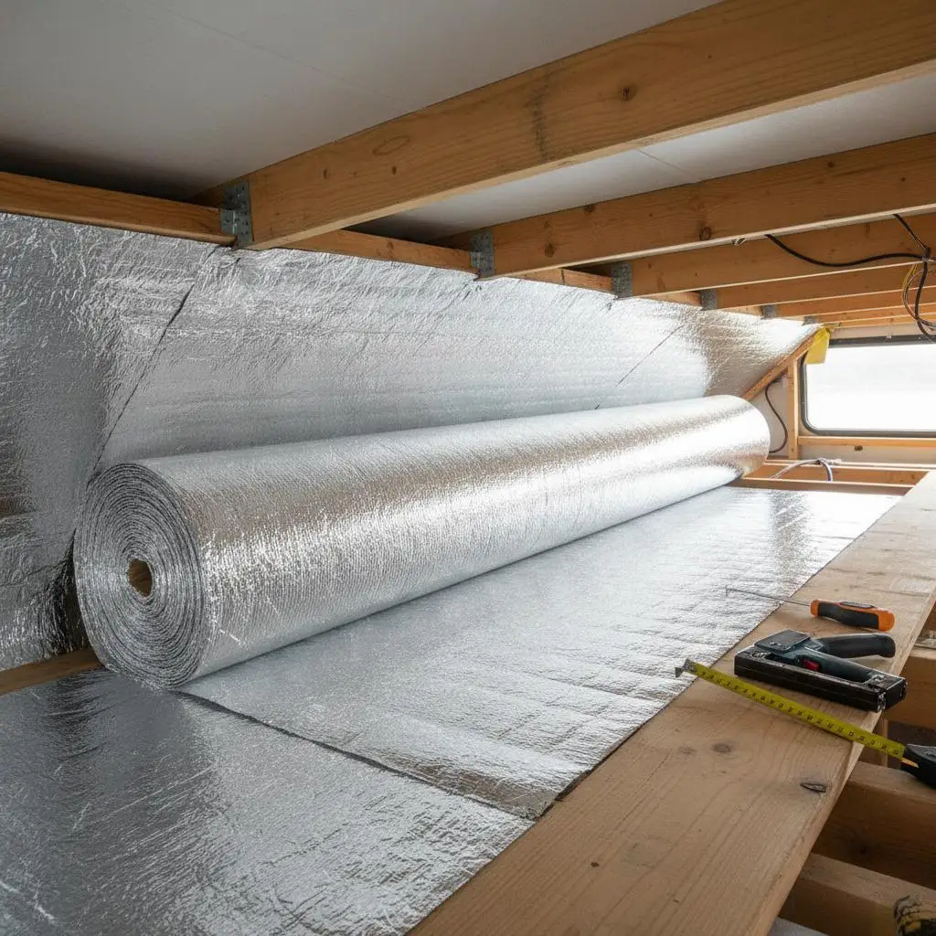 

Reflective Thermal Barrier 23.8 in x 50 ft For Attic RV Window, Double-Sided Aluminum Foil EPE Foam Core 3.2 mm Thickness Hea