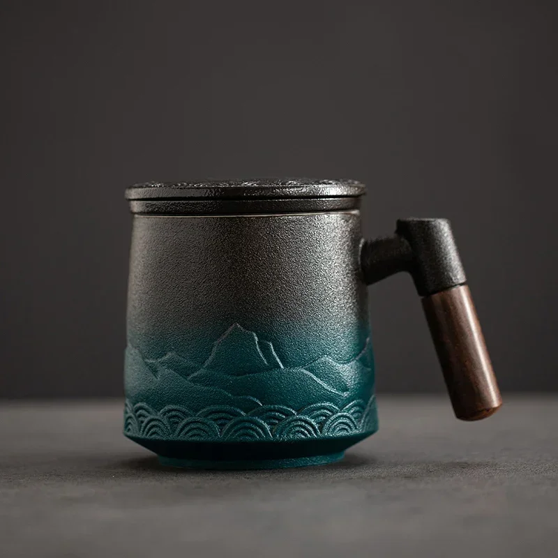 

Ceramic Strainer Tea Cup Mug with Lid Luxury Coffee Cups Large Office Tea Water Japanese Vintage Original Mugs Wood Handle Gift