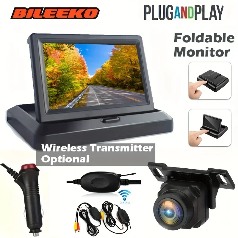 Bileeko Car Rearview Camera Kit (Foldable Monitor) - Wireless Transmitter Parking Reverse Assistant for Car/SUV/Pickup