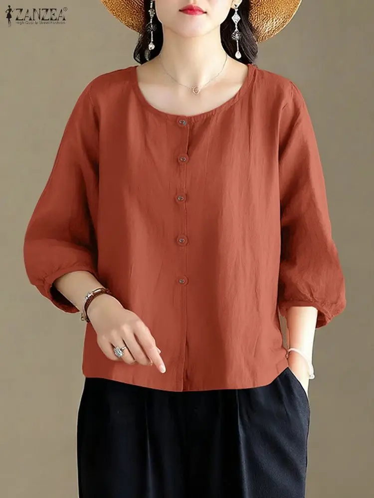2025 Blusa Vintage de manga larga con cuello redondo para mujer, camisas de otoño ZANZEA, Tops de algodón para mujer, Blusas con botones, camisa de trabajo OL sólida elegante