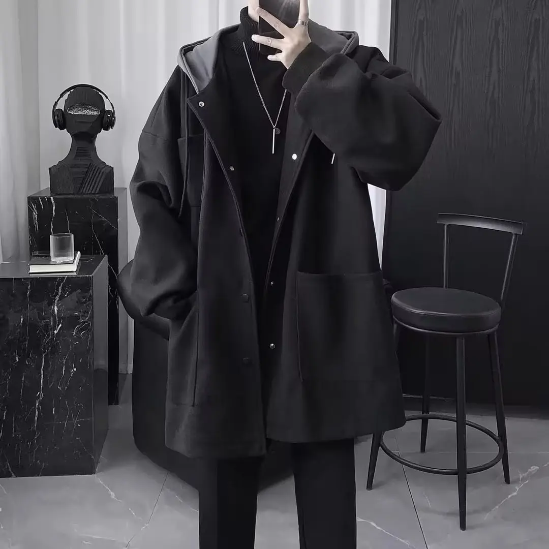 

Men Fake Two Piece Coats Spring Autumn New British Mid Length Leisure Loose Hoodies Handsome Thick Black Warm Windbreaker
