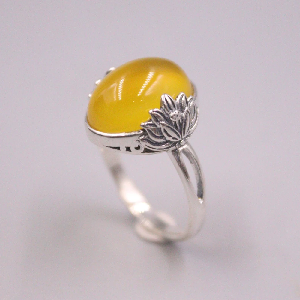 New Solid Pure S925 Sterling Silver Yellow Chalcedony Band 16mm Women Ellipse Lotus Figure Ring  Adjustable