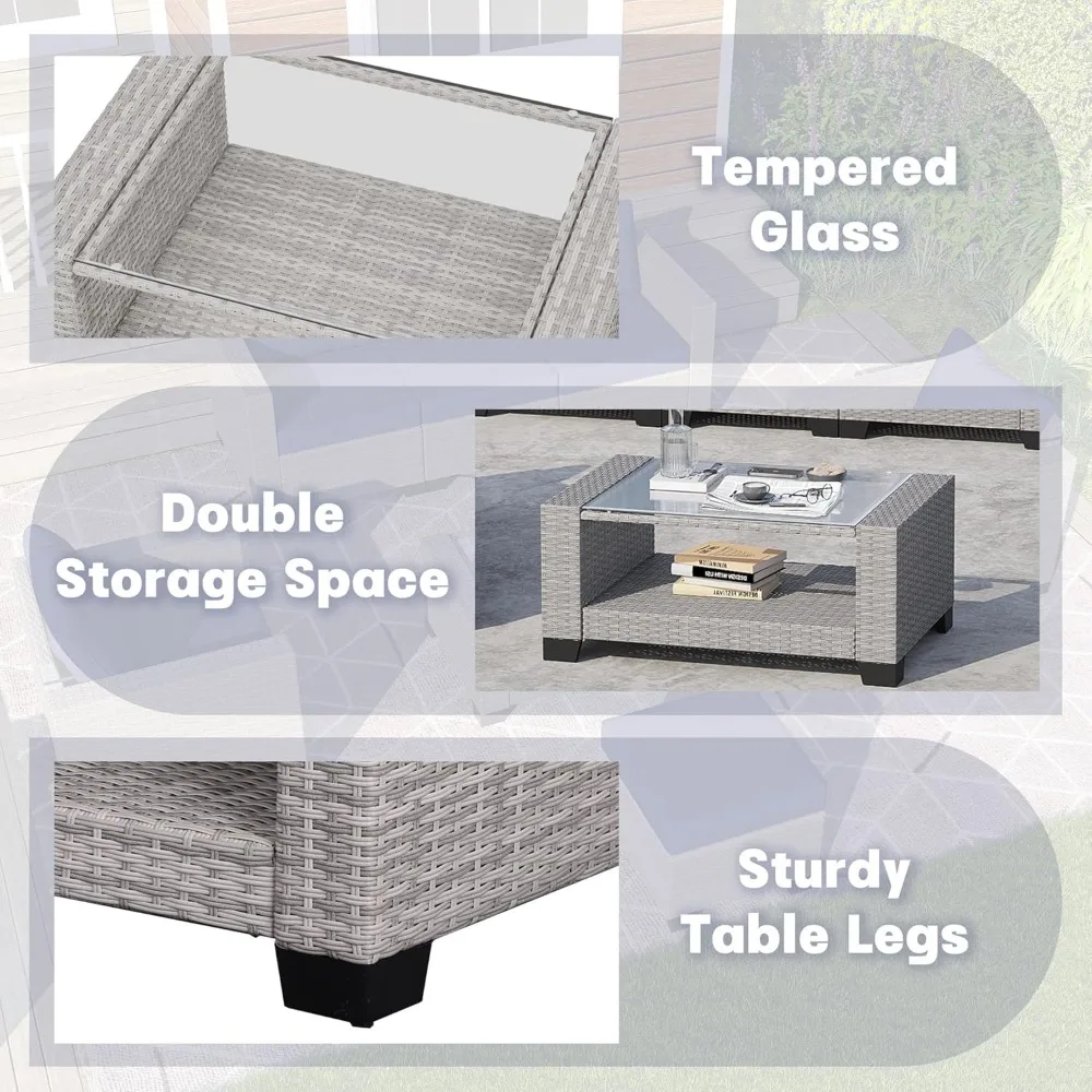 7-delige terrasmeubilairset, sectioneel tuinmeubilair, rotan stoelen glazen tafel rieten conversatie zitgedeelte