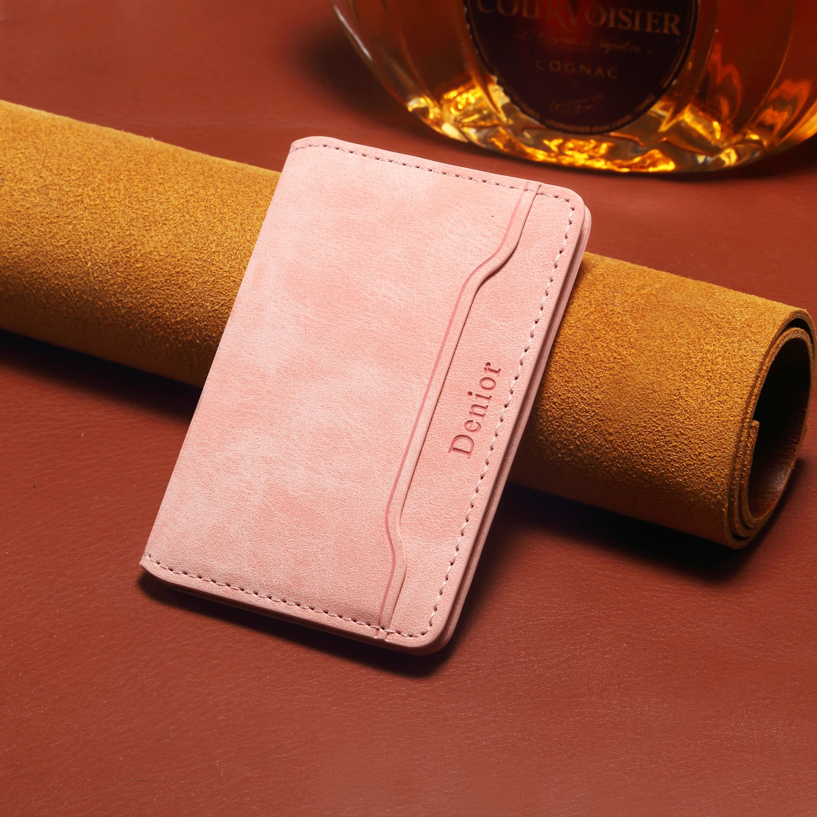 Denior Rosa Magnetischer Kartenhalter für iPhone MagSafe Wildleder Flip Wallet Stand Kartenetui