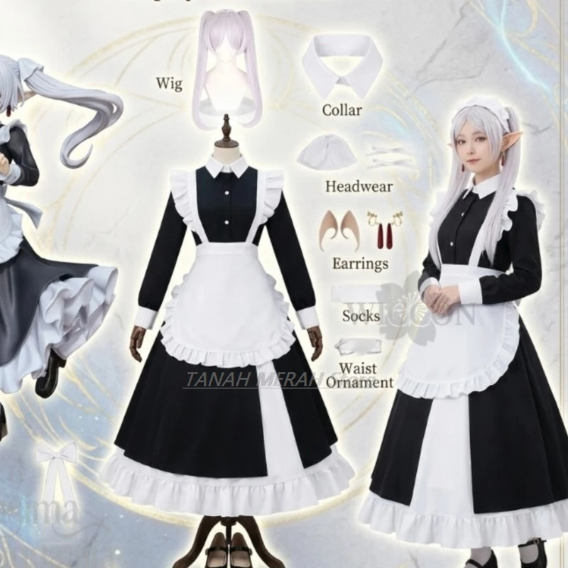 FrierenCosplay Anime FrierenBeyond Journey's End New Outfit Long Maid Uniform Black Dress Apron Jirai Kei Twin Ponytails Cos