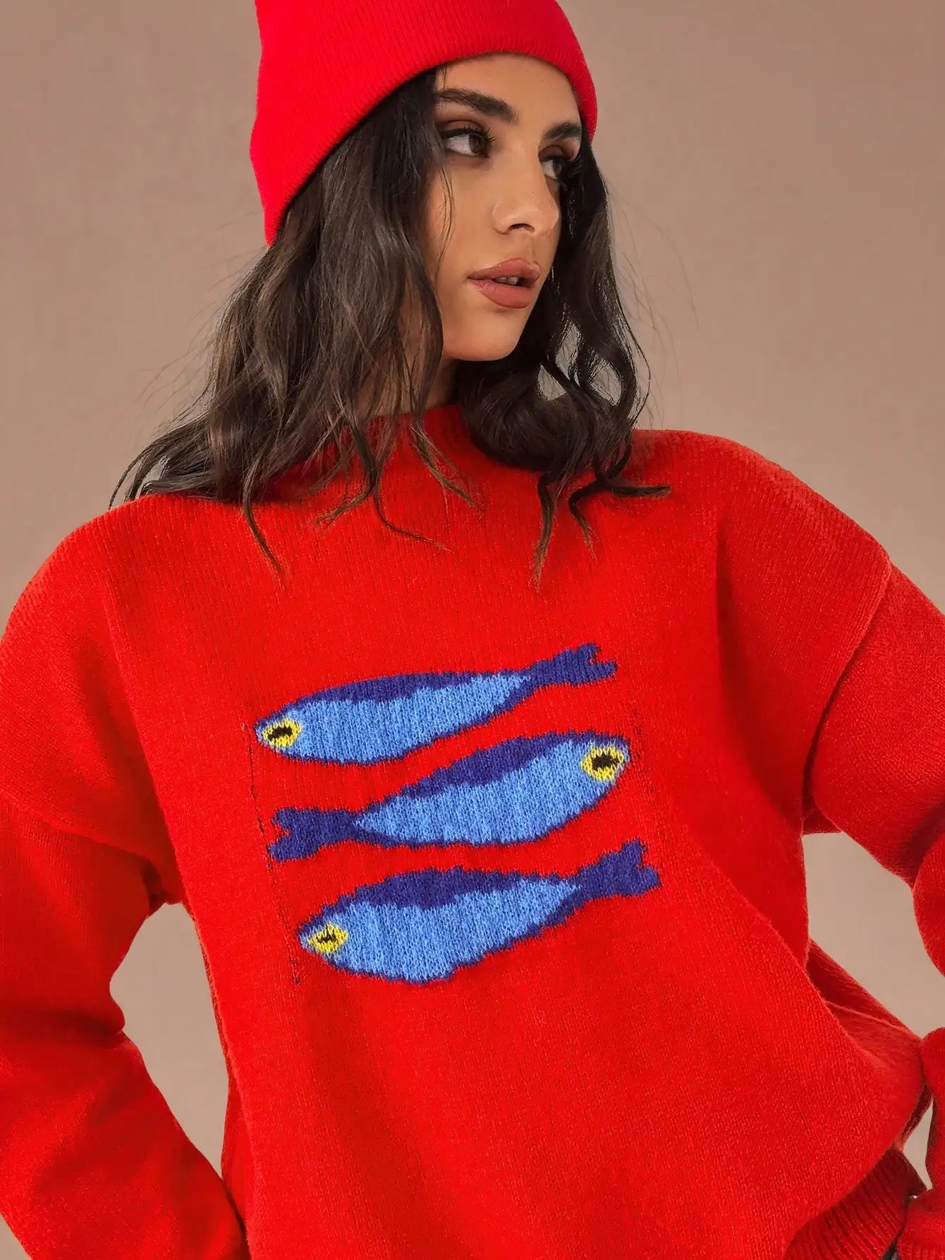 Suéter Rojo de Punto para Mujer con Gráfico de Pez Azul, Corte Holgado, Top de Invierno
