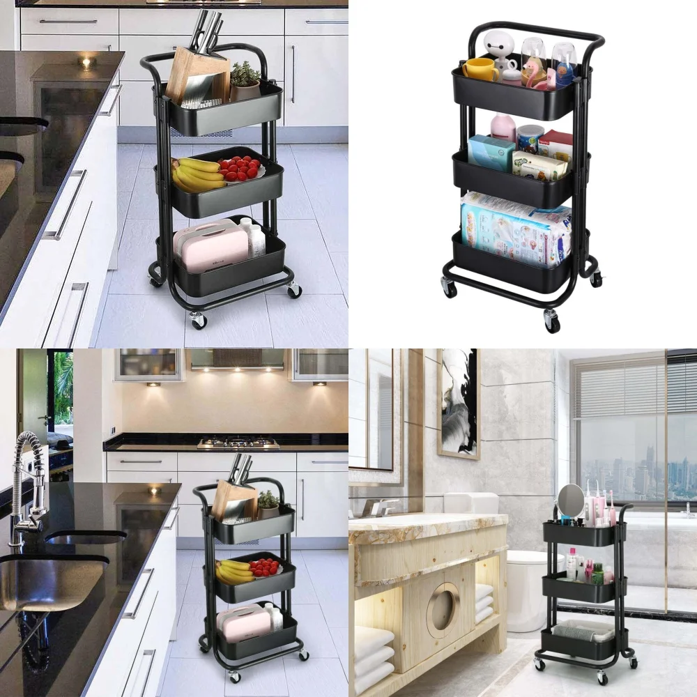 

3 Tier Rolling Cart with Storage Wheels Multifunctional Organizer Shelf for Kitchen Bathroom Office Garage Space Saving Utility