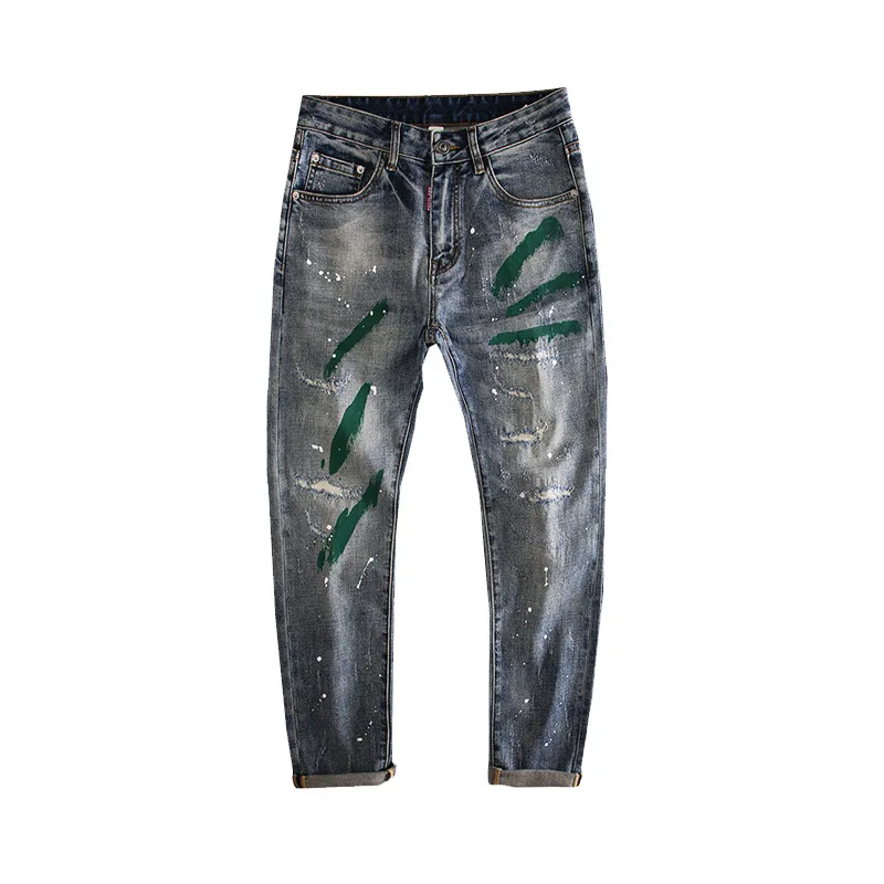 ฤดูใบไม้ผลิและฤดูร้อน Ripped Patch Ink Splash Graffiti Paint Dot ผู้ชายอินเทรนด์ Slim Fit ยืด High Street บุคลิกภาพแฟชั่นกางเกง