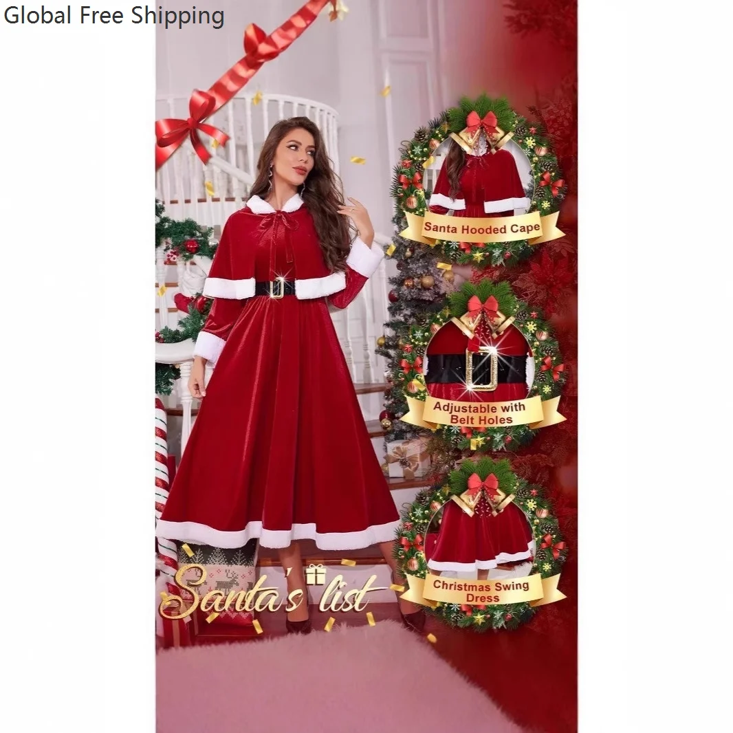 

Christmas Theme Women's Hooded Maxi Dress Holiday Party Performance Costume Red White Belt Cosplay Christmas Party Adult Gown