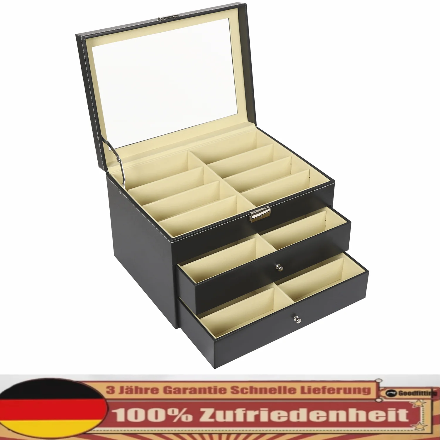 

24 Piece Large Eyeglass Sunglasses Three Level Glasses Display Case with Drawer Storage Box