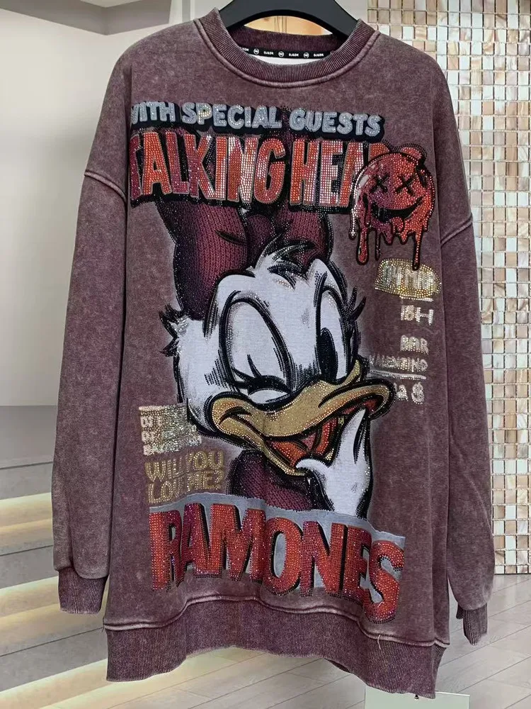 Men's And Women's Same Style Autumn Fleece Rhinestone Cartoon Loose Long Sleeves Sweatshirt Fashion Thickened Crew Neck Jacket