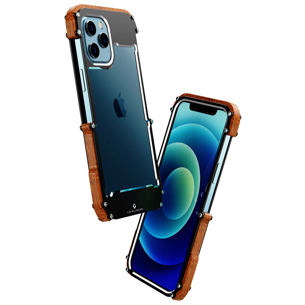 R-just Luxury Hard Metal Aluminum Wood Protective Bumper Phone Case For Iphone 116 15 14 Plus 13 12 Pro Max Cover Cases