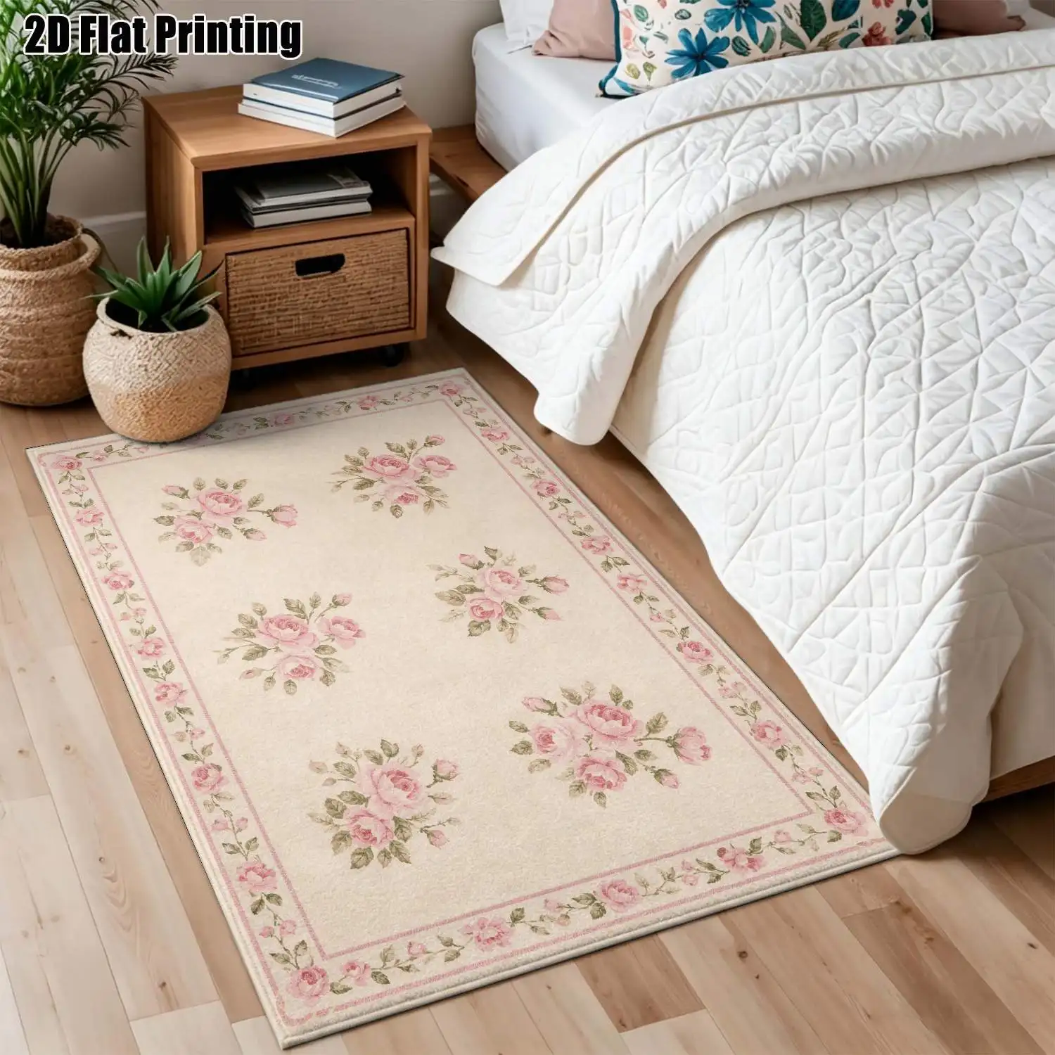 1Pc 2D Printed Pink Flower Pattern Carpet, European Vintage Style, Instagram Floor Mat, Machine Washable, Multi-Size Home Decor for Living Room, Bedroom, Dining Room, Entrance, Study