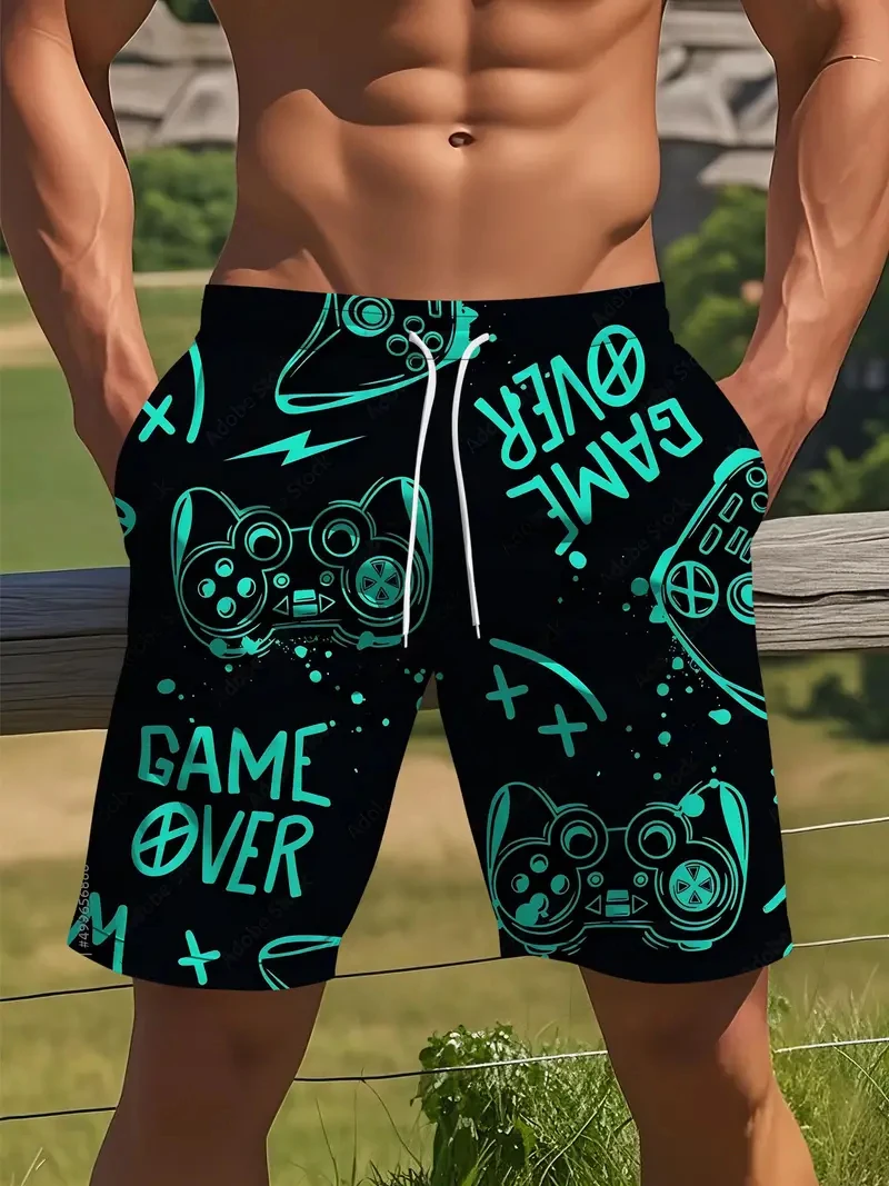 Męskie szorty kąpielowe z nadrukiem graficznym 3D, nowe letnie hawajskie szorty surfingowe z sznurkiem, wzór gamepadu, plażowe, 2025