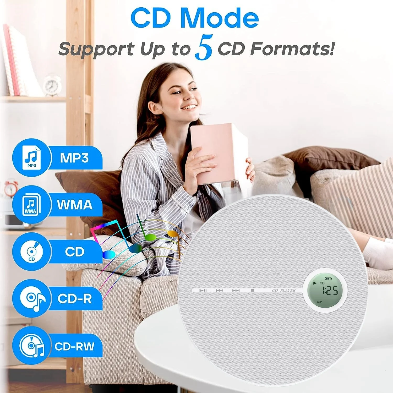 Przenośny odtwarzacz CD z akumulatorem Bluetooth, kompaktowy odtwarzacz płyt CD z muzyką do samochodu/podróży, domowy dźwięk z głośnikiem stereo, AUX, USB