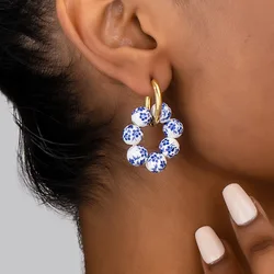 Vintage Geometric Round Ball Blue White Enamel Ceramic Earrings For Women Girls Party Jewelry Gifts Fashion Accessories