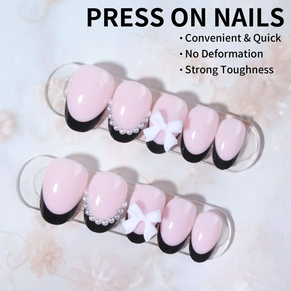 24個入り ショートオーバル ブラックフレンチチップ つけ爪 ショートボウ パールデザイン 完璧にフィットするアクリル製つけ爪セット、内容物あり