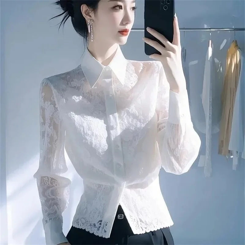 

This Year's Explosion Of White Lace Long-Sleeved Shirts Women's 2025 Spring And Summer Fashion Waist Shirts