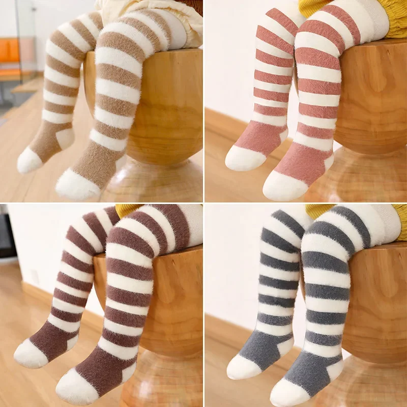 Winter Plush Long Socks for Boy Girl Korean Striped Warm Baby Knee High Socks Thick Mink Fur Anti-Cold Toddler Kids Floor Socks