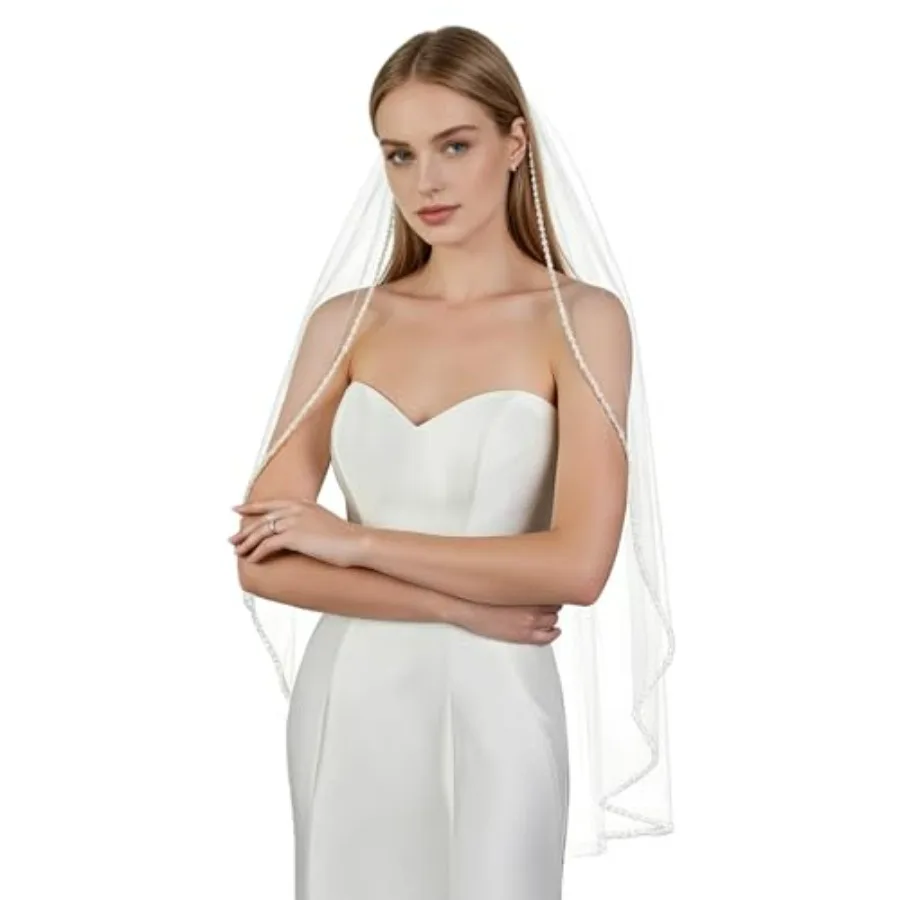 

Wedding Veil Pearls and Crystals Beaded Edge 1 Tier Fingertip Length Bridal Veil